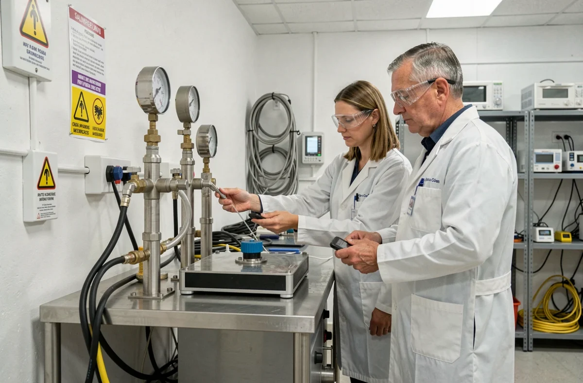 Techniciens analysant des jauges de pression sur une pile à combustible hydrogène en laboratoire
