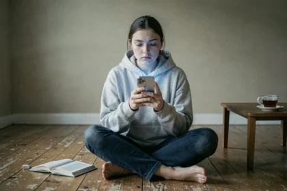 Jeune femme absorbée par son smartphone dans un appartement minimaliste, illustrant l'impact de la technologie sur la concentration et la pensée