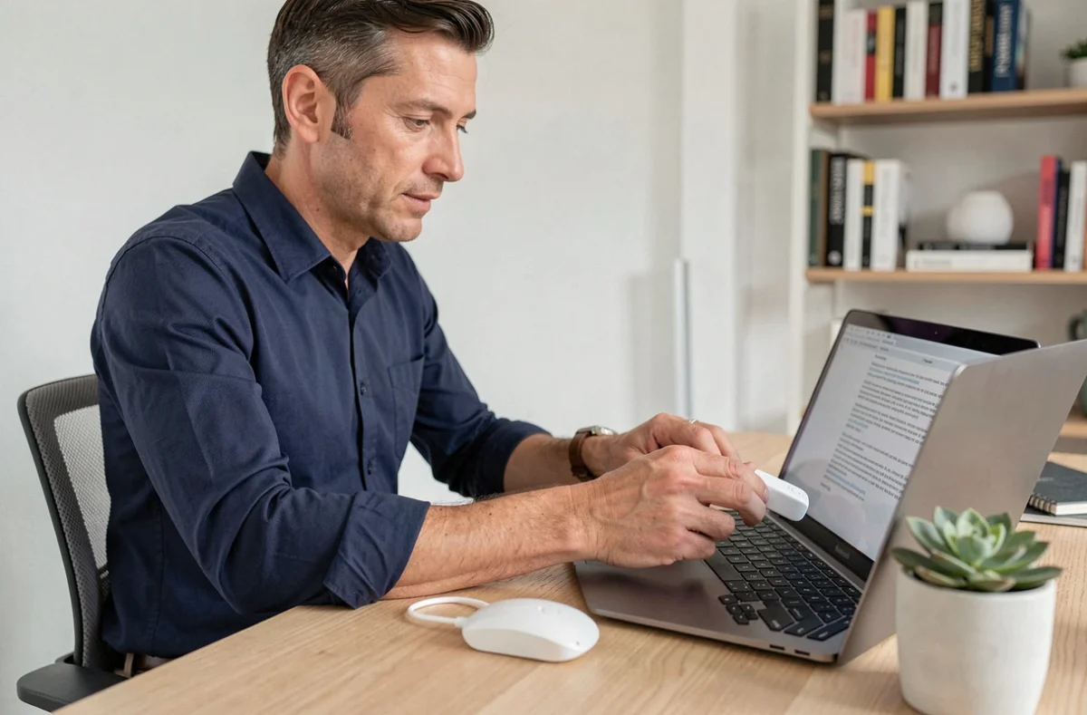 Homme en télétravail connectant une clé USB 4G à son ordinateur portable pour accéder à Internet sans WiFi depuis son bureau à domicile