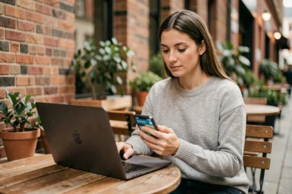 Femme en télétravail à une terrasse de café utilisant un hotspot mobile sur smartphone comme connexion Internet sans WiFi