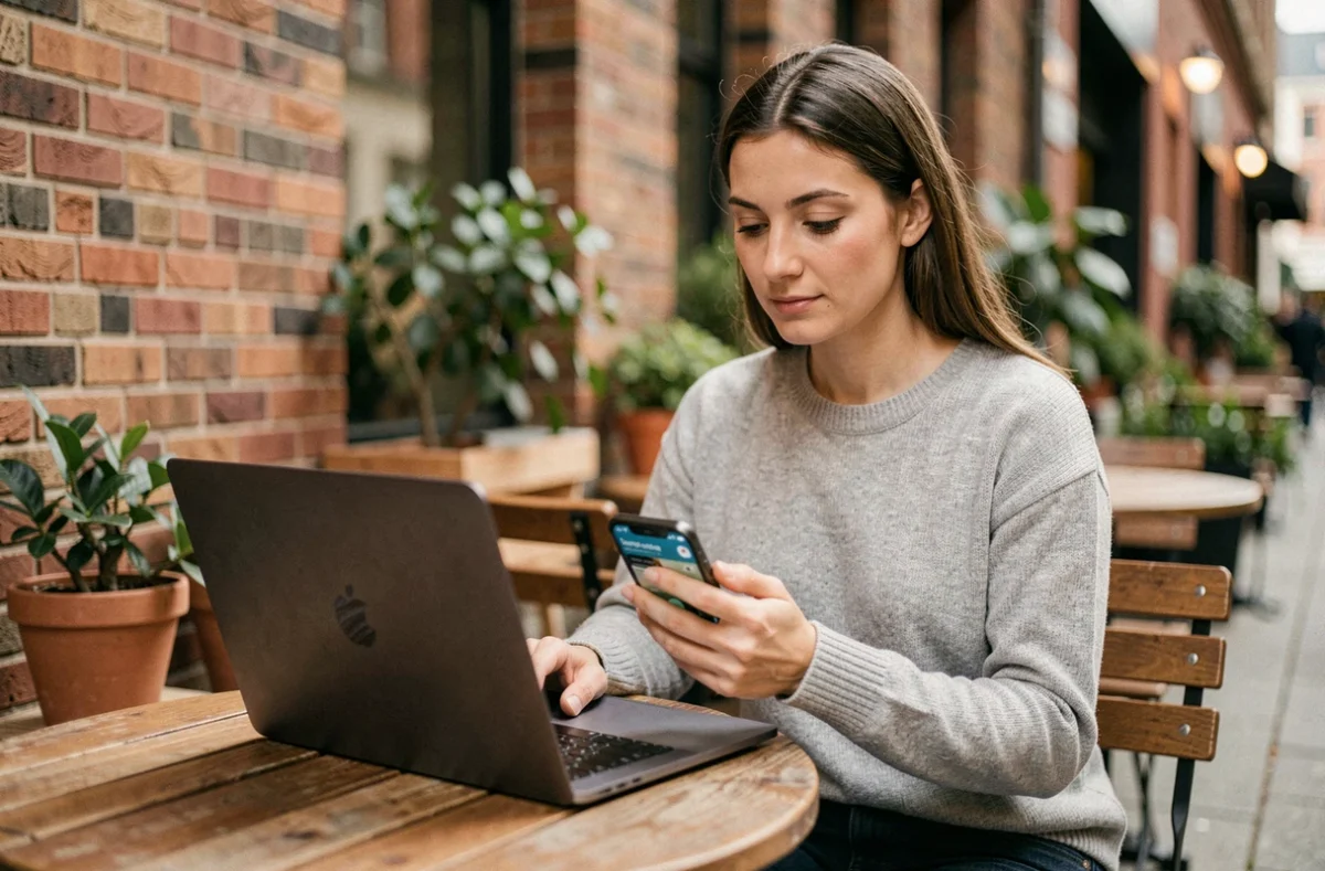 Femme en télétravail à une terrasse de café utilisant un hotspot mobile sur smartphone comme connexion Internet sans WiFi
