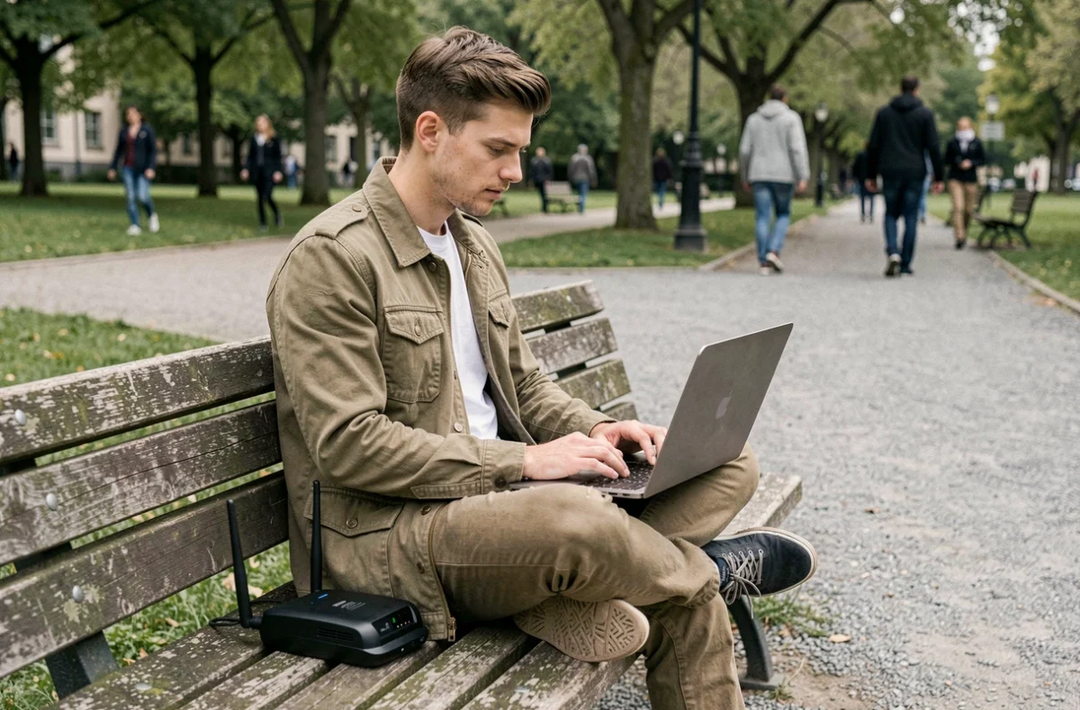 Jeune homme en télétravail dans un parc urbain utilisant un routeur Wi-Fi portable pour se connecter à Internet sans réseau fixe