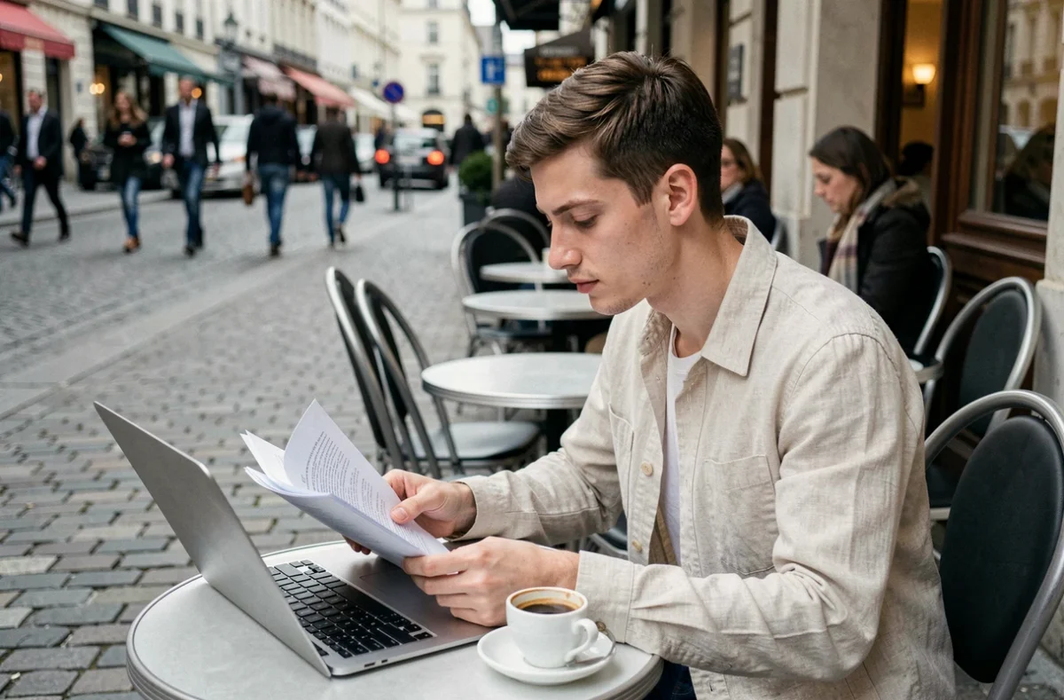 Jeune professionnel travaillant en télétravail depuis une terrasse de café en ville, alliant flexibilité et productivité