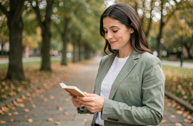 Femme dans un parc urbain tenant un carnet, illustrant la recherche d'un terme neutre et élégant pour décrire la beauté