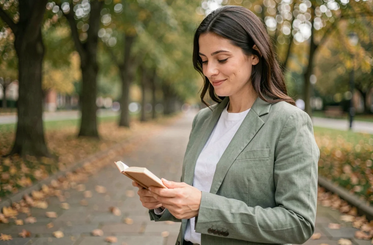 Femme dans un parc urbain tenant un carnet, illustrant la recherche d'un terme neutre et élégant pour décrire la beauté