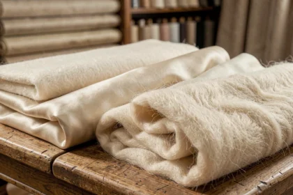 Gros plan sur des tissus de luxe pliés — cachemire, soie et vicuña — disposés sur une surface en bois dans un atelier parisien