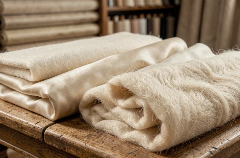 Gros plan sur des tissus de luxe pliés — cachemire, soie et vicuña — disposés sur une surface en bois dans un atelier parisien