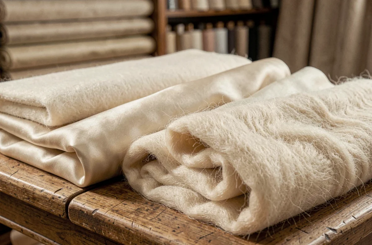Gros plan sur des tissus de luxe pliés — cachemire, soie et vicuña — disposés sur une surface en bois dans un atelier parisien
