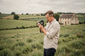 Photographe professionnel dans les paysages de l'Oise, appareil photo en main, explorant la campagne picarde