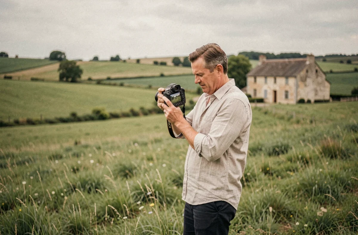 Photographe professionnel dans les paysages de l'Oise, appareil photo en main, explorant la campagne picarde