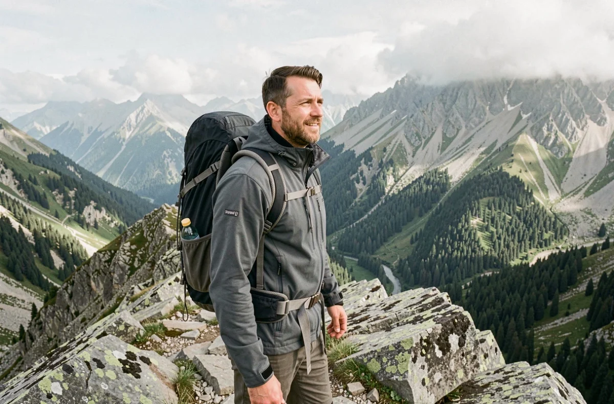 Randonneur avec sac à dos au sommet d'une crête montagneuse lors d'un trek en pleine nature