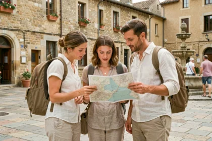 Groupe de touristes consultant une carte dans un village historique français aux façades en pierre ocre