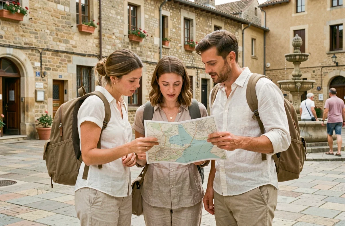 Groupe de touristes consultant une carte dans un village historique français aux façades en pierre ocre