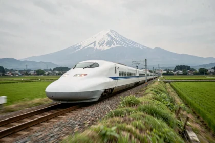 Train Shinkansen japonais traversant la campagne verdoyante avec le mont Fuji en arrière-plan, symbole du réseau ferroviaire numéro 1 mondial