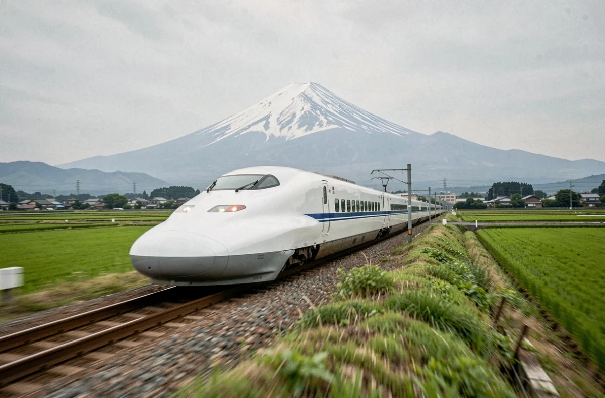 Train Shinkansen japonais traversant la campagne verdoyante avec le mont Fuji en arrière-plan, symbole du réseau ferroviaire numéro 1 mondial