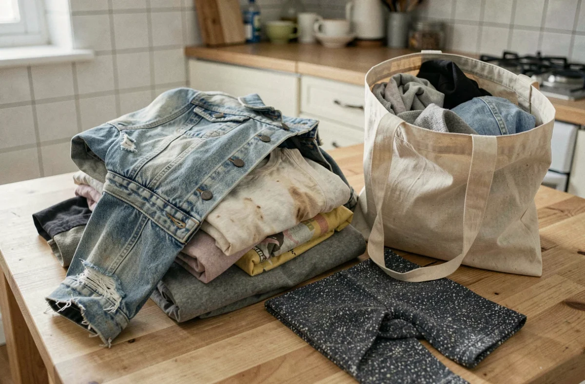 Pile de vêtements usés sur une table pour un tri et désencombrement de garde-robe