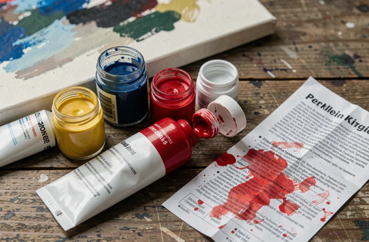 Tubes de peinture acrylique ouverts et notice de sécurité sur un plan de travail en bois illustrant les précautions sanitaires