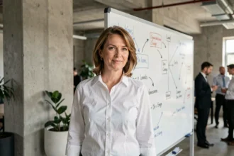 Femme cadre présentant un plan de changement organisationnel sur un tableau blanc dans un bureau moderne