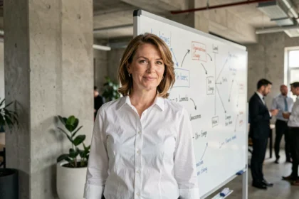 Femme cadre présentant un plan de changement organisationnel sur un tableau blanc dans un bureau moderne