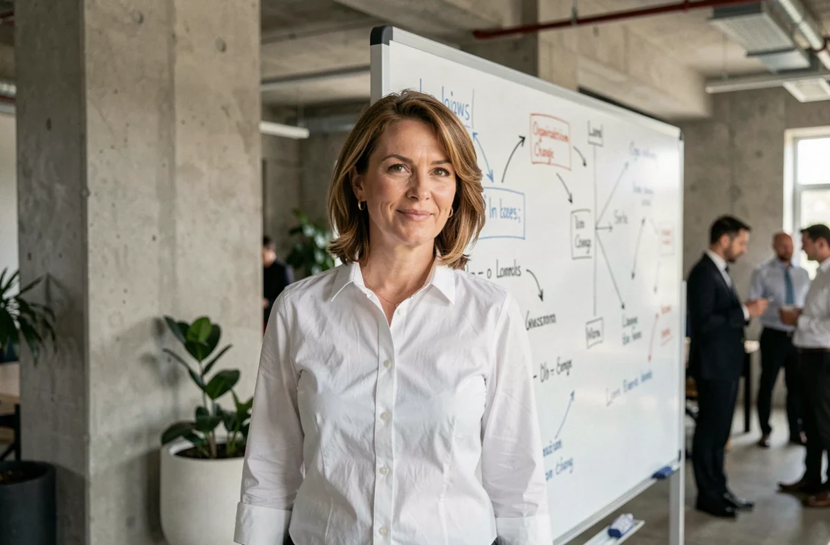 Femme cadre présentant un plan de changement organisationnel sur un tableau blanc dans un bureau moderne