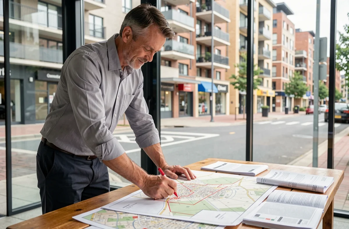 Urbaniste traçant des limites de zones urbanisées sur des cartes cadastrales lors d'une réunion de planification urbaine