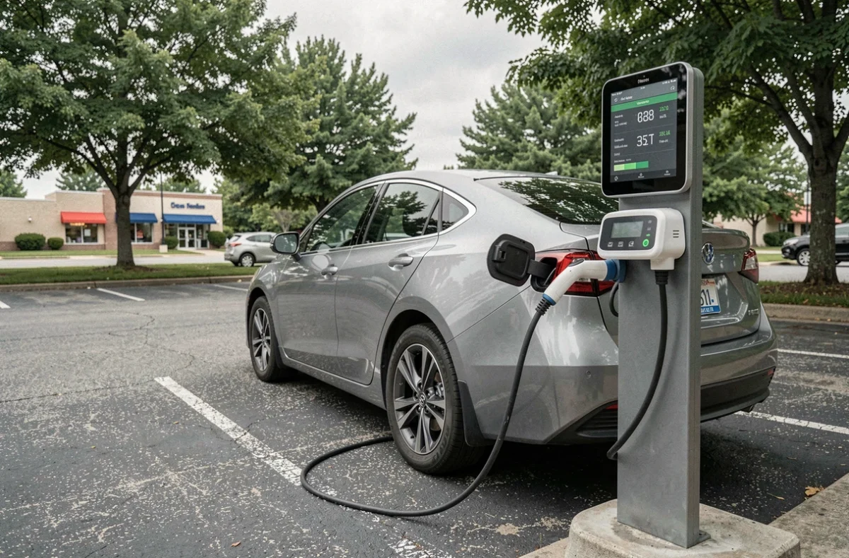 Voiture hybride rechargeable branchée à une borne de recharge publique dans un parking urbain