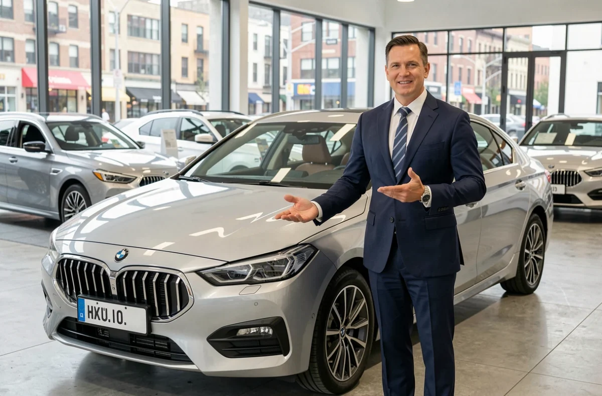 Vendeur automobile en costume présentant une berline neuve dans un showroom moderne
