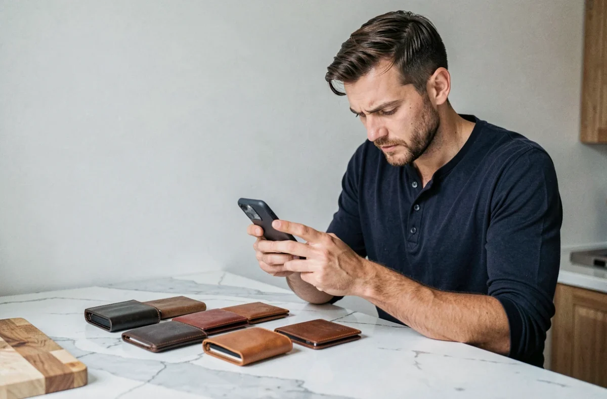Homme photographiant des portefeuilles en cuir faits main pour améliorer ses fiches produits sur Etsy