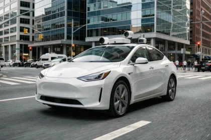 Voiture autonome moderne équipée de capteurs lidar circulant dans une rue urbaine animée