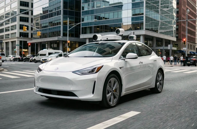 Voiture autonome moderne équipée de capteurs lidar circulant dans une rue urbaine animée