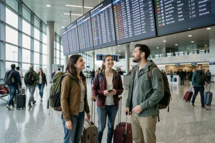 Groupe de voyageurs dans un aéroport international consultant un tableau des départs pour différentes destinations de migration