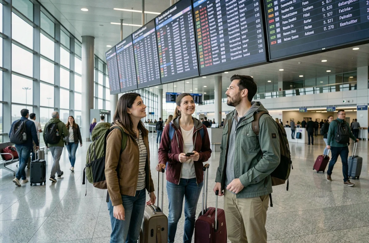 Groupe de voyageurs dans un aéroport international consultant un tableau des départs pour différentes destinations de migration