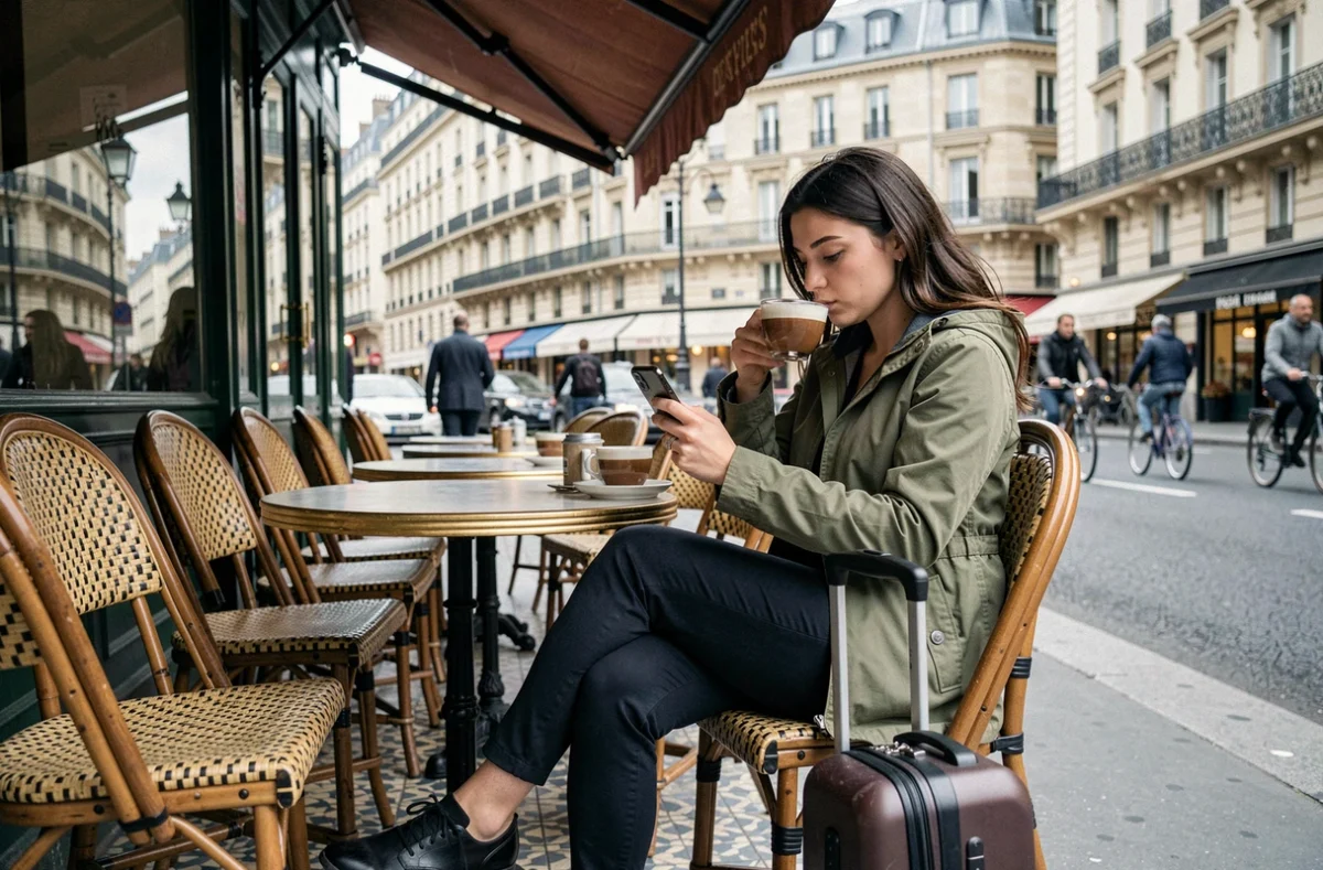 Voyageuse solo assise en terrasse de café parisien avec valise et smartphone, scène de tourisme urbain à Paris
