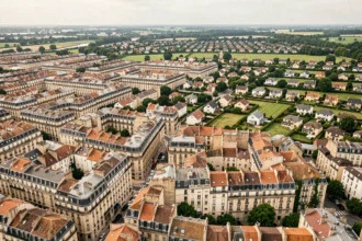 Vue aérienne d'un quartier urbain dense se transformant progressivement en zone périurbaine avec maisons individuelles et espaces verts